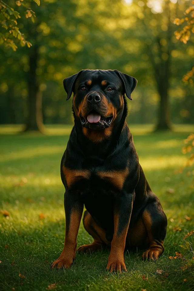A Rottweiler sitting calmly in a park